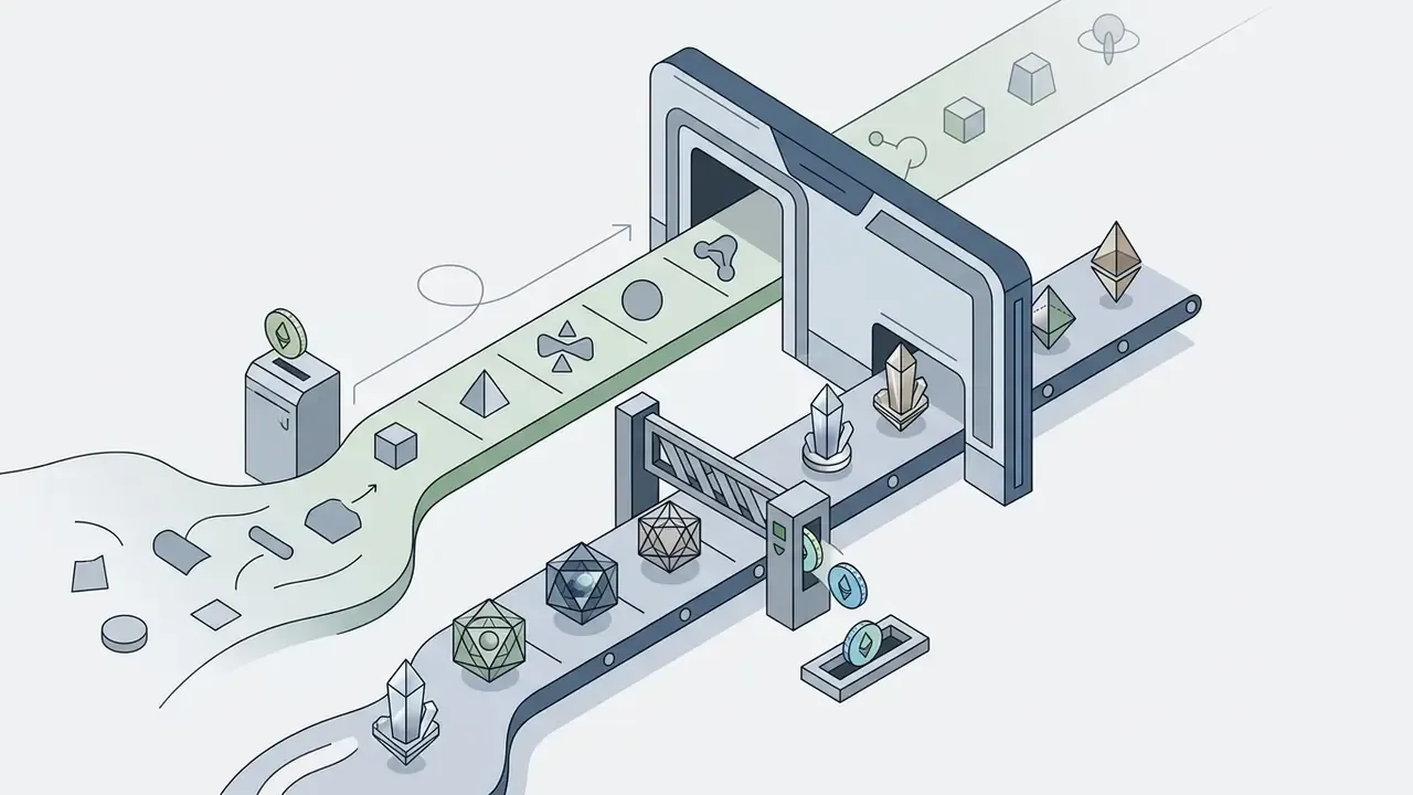 Conveyor belts sorting geometric shapes into standard items or gated premium models requiring credits