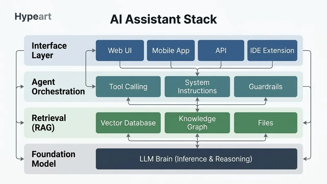 Diagram showing the four layers of an AI assistant stack from foundation model to interface layer