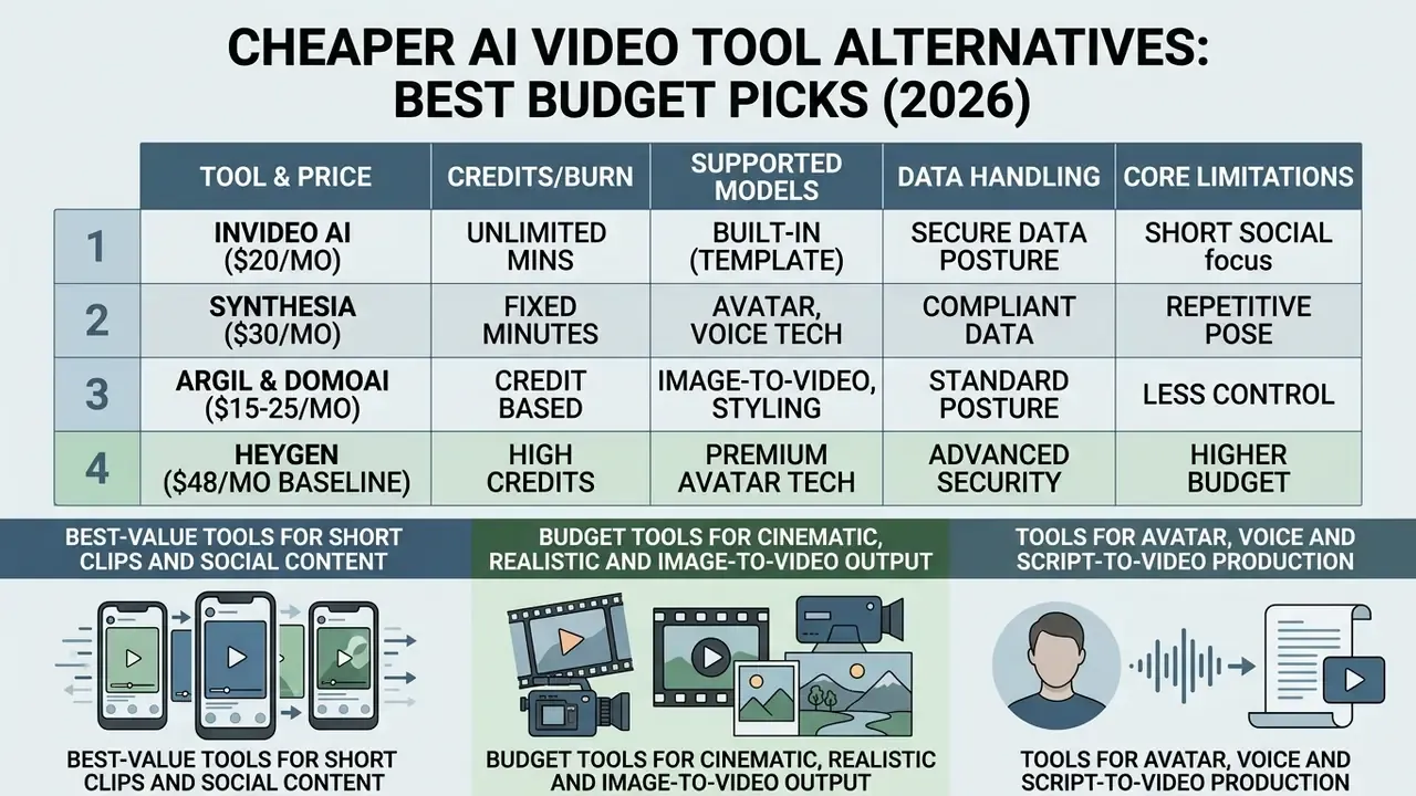 Comparison table summarizing pricing, features, and limitations for various AI video tool alternatives