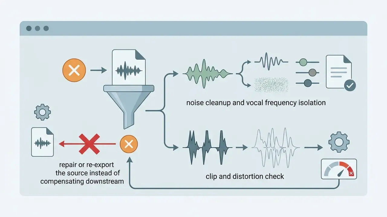 Audio waveform processing paths showing noise cleanup, vocal isolation, and clip distortion checks