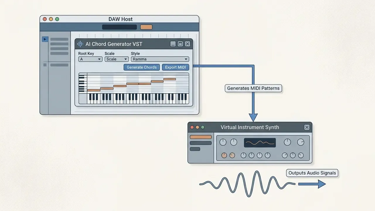 Workflow diagram connecting a VST chord generator to a virtual instrument synth for audio output