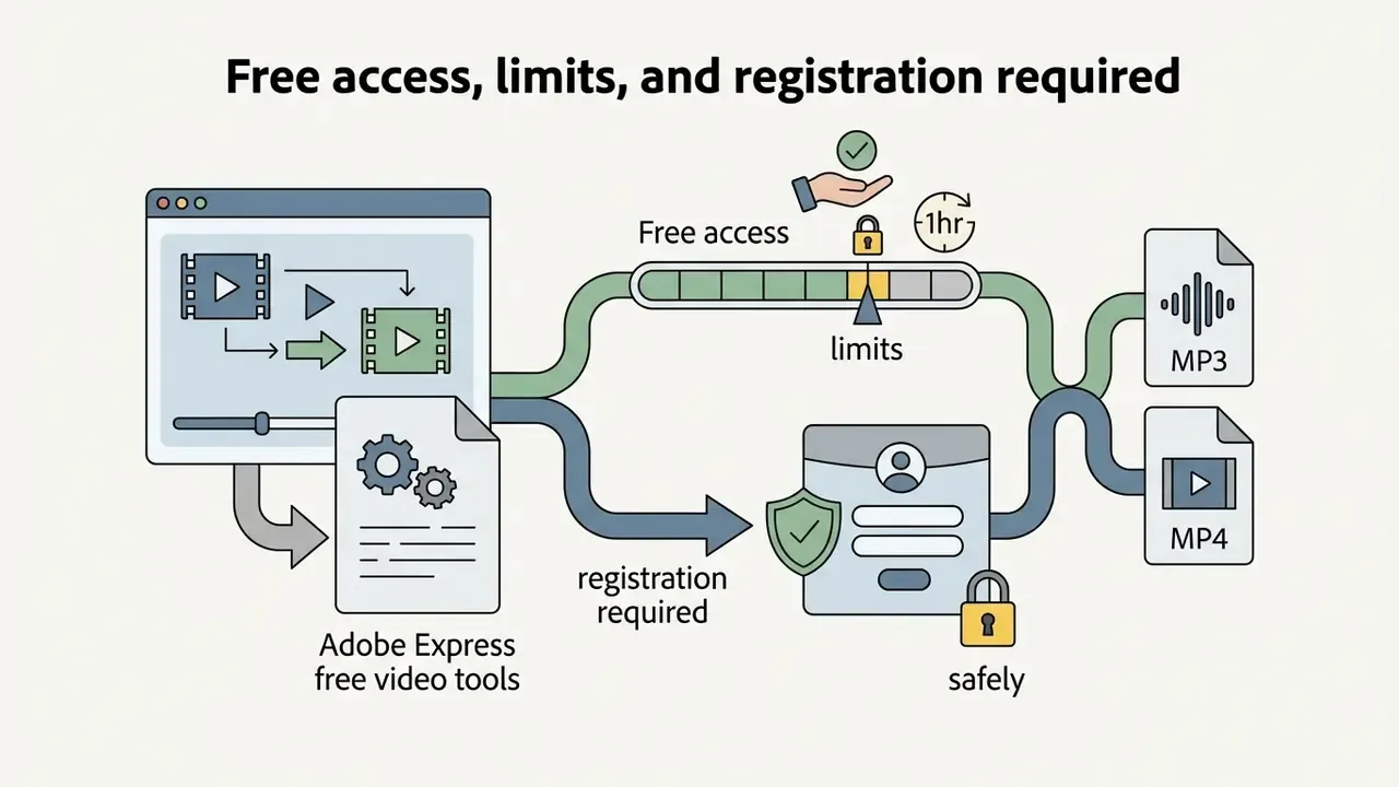 Adobe Express video tools showing paths for free access with time limits and registration requirements