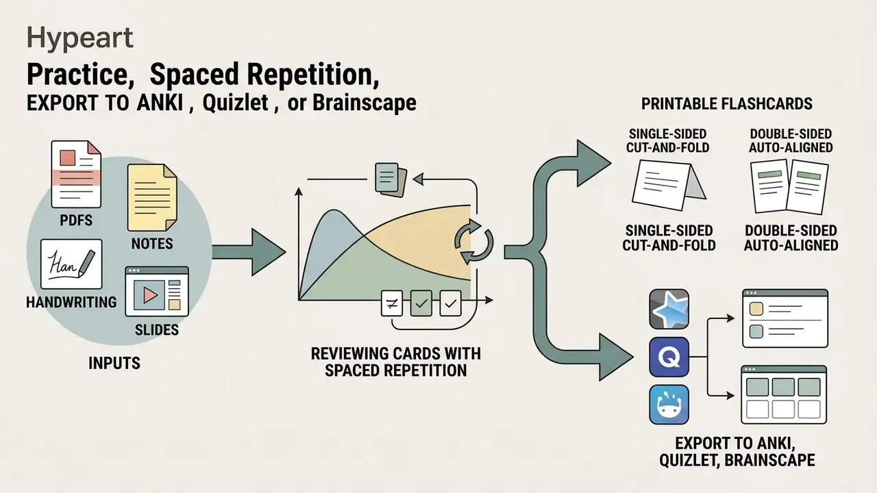 Process flow from study inputs to spaced repetition review and export options for print or digital apps