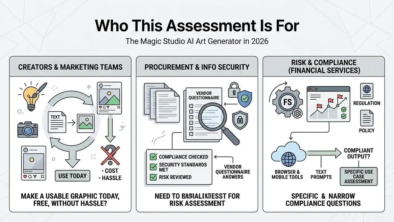 Infographic showing three distinct user groups evaluating the Magic Studio AI art generator