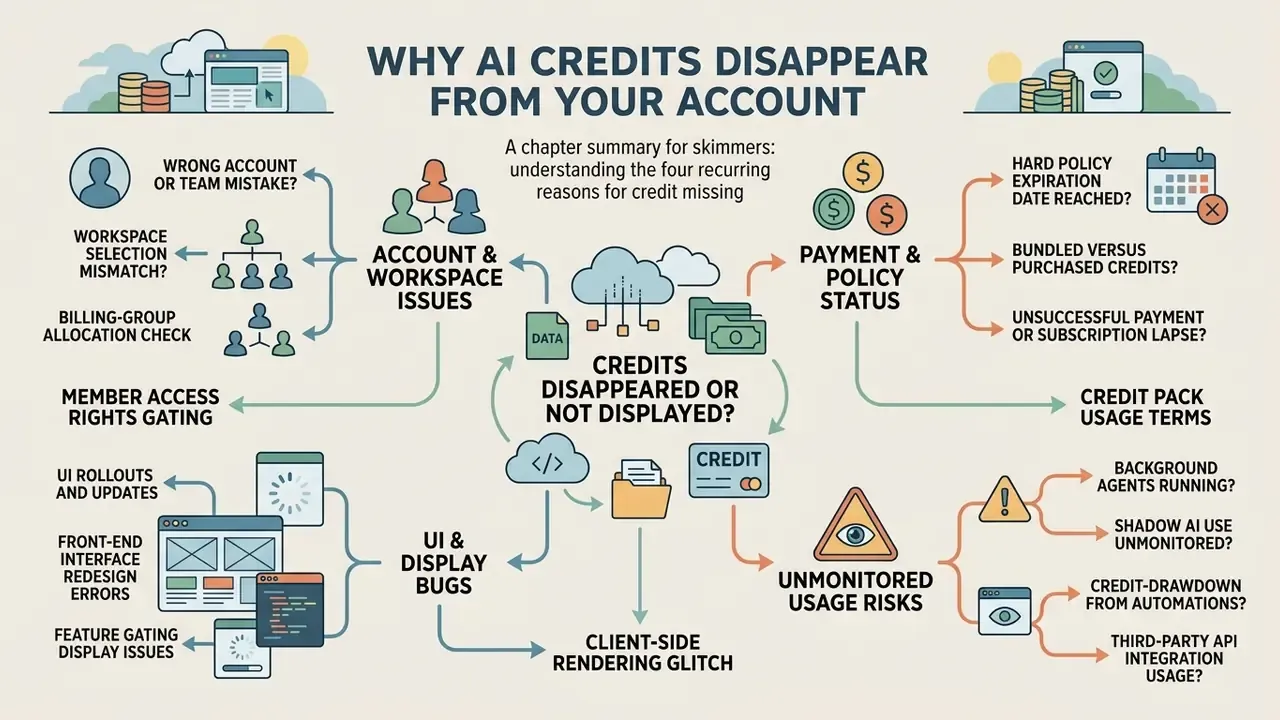 Flowchart outlining four categories of reasons why AI credits disappear from your account
