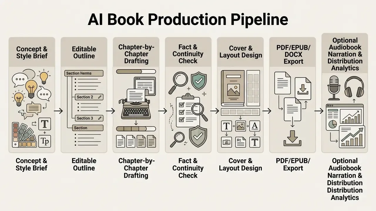 Horizontal seven-stage process diagram showing the workflow from initial concept to final book distribution