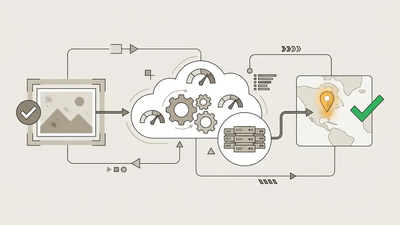 Data flow from photo upload to cloud processing and server location mapping for secure retouching