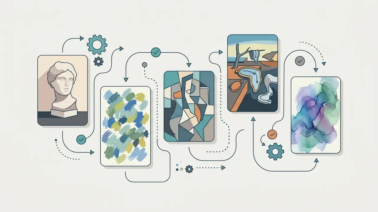 Series of artistic styles linked by arrows and gears showing the progression of image generation