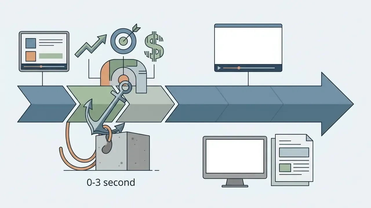 Timeline showing an anchor icon representing a 0-3 second hook for long to short video AI strategies