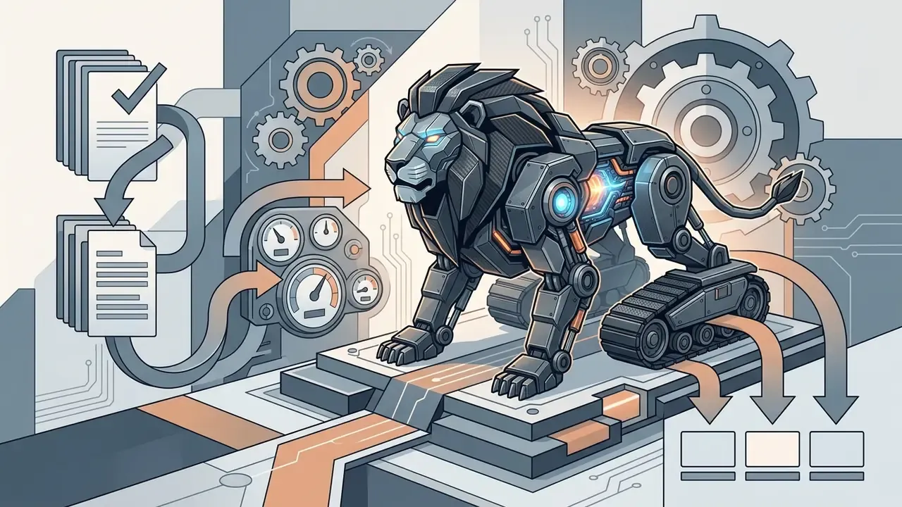 Cybernetic lion with tank treads and glowing core standing among gears and document processing icons