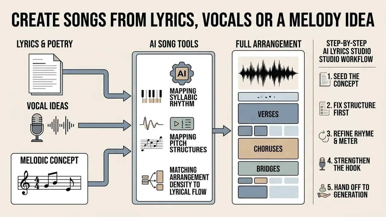 Process diagram showing how lyrics and melody inputs are transformed into a structured song arrangement