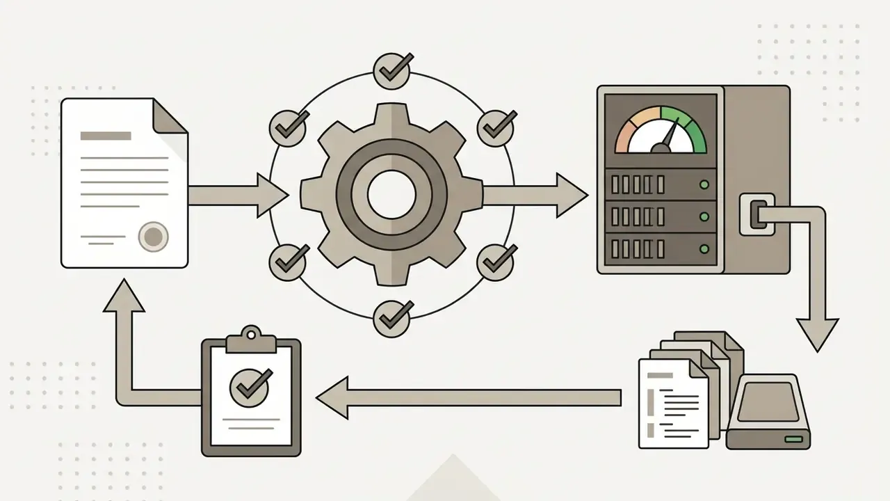 Document and gear system feeding into a server with a gauge leading to data exports and audit checklists