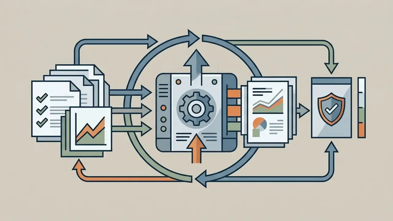 Documents and charts feeding into a central gear processor that outputs data to a shielded status indicator