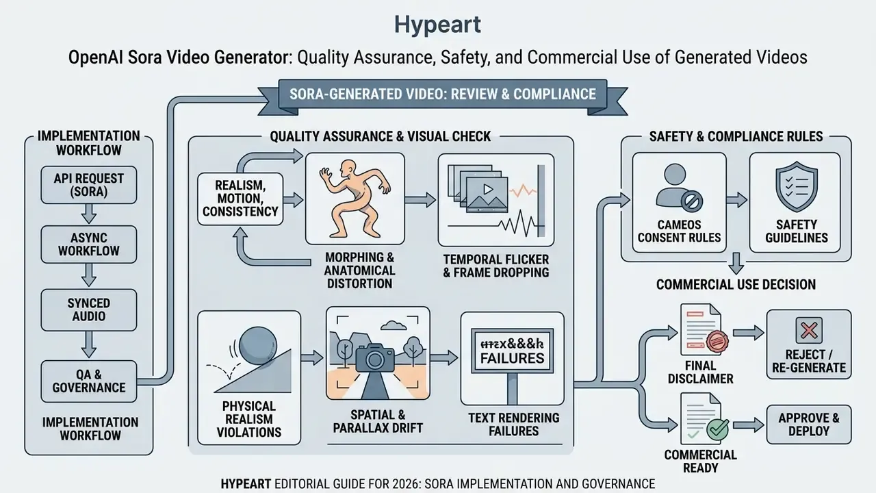 Flowchart outlining quality assurance, safety checks, and commercial compliance for OpenAI Sora videos