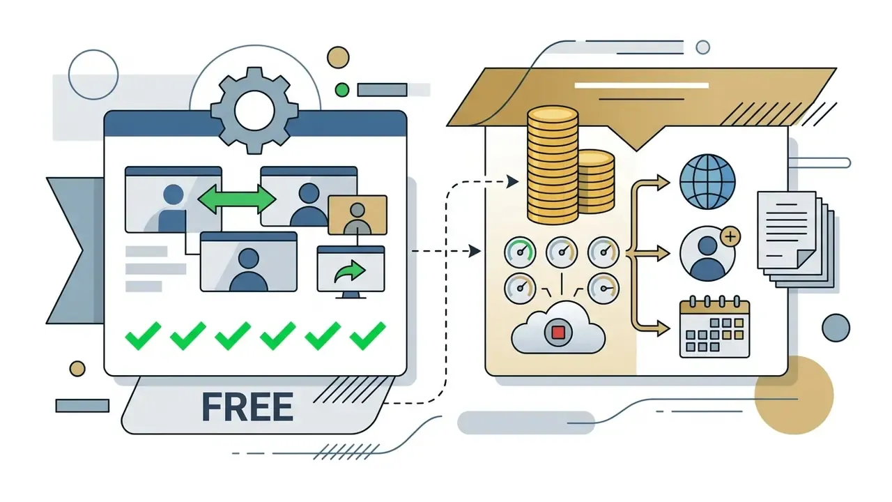 Diagram contrasting free core communication features with paid premium service upgrades and filters