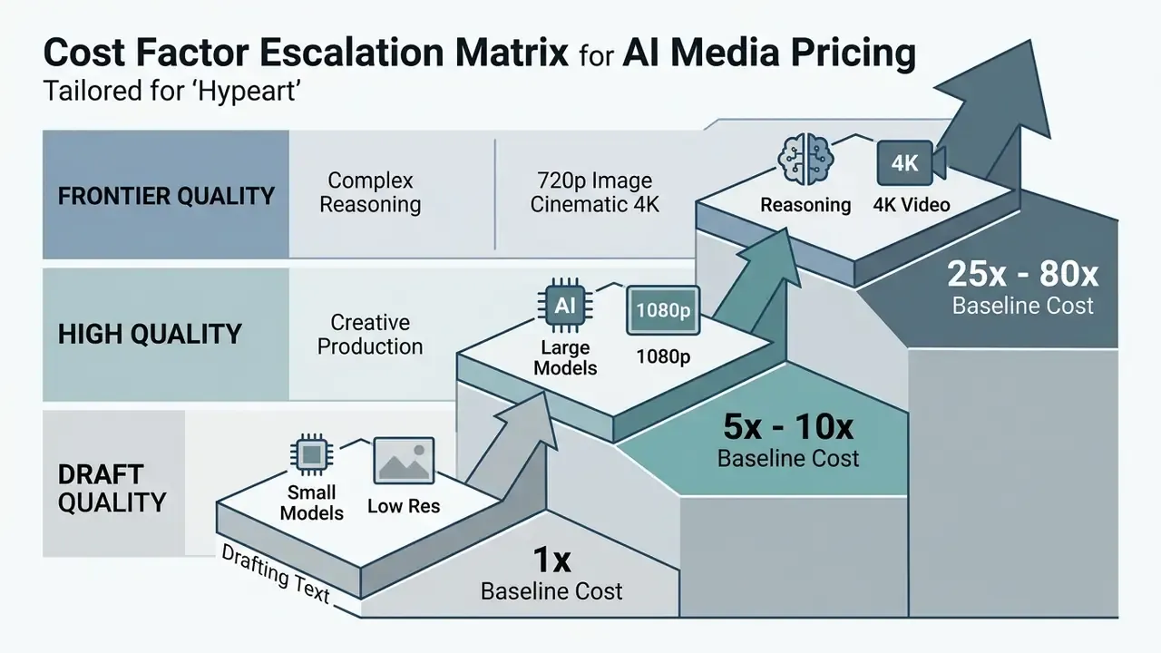 Staircase chart showing how AI media costs increase from draft quality to frontier quality levels