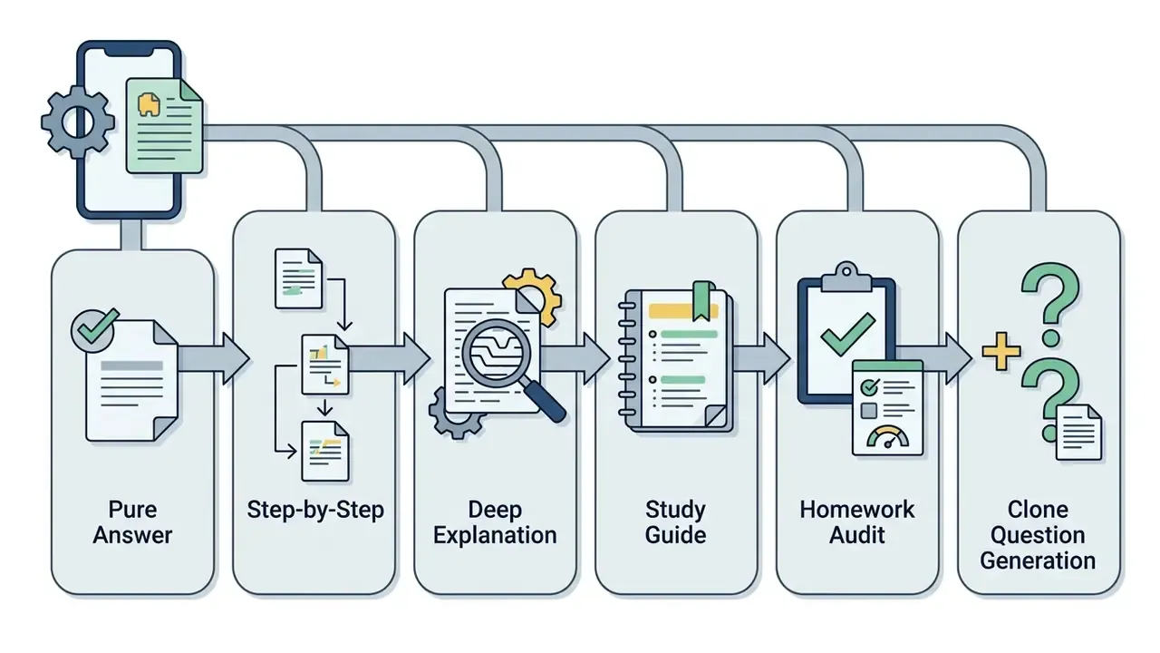 Six distinct output modes for an AI homework helper shown as a sequence of icons and process steps