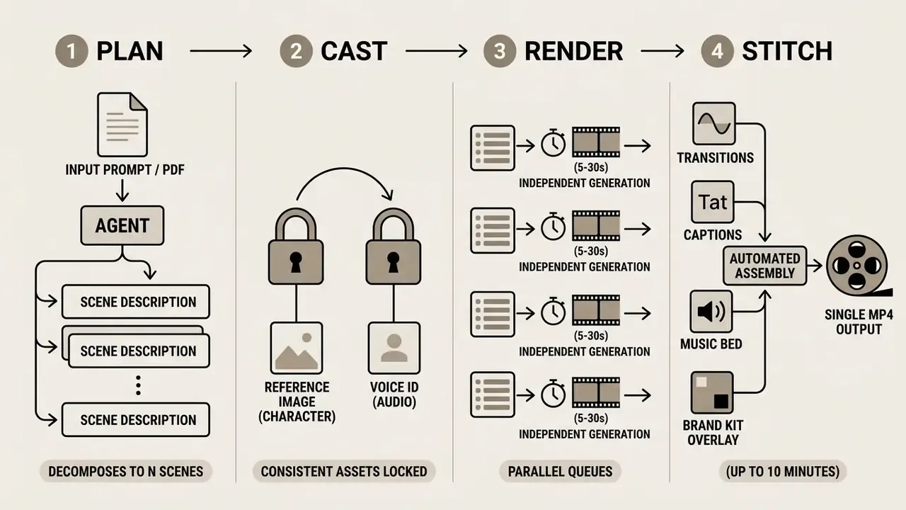 Four-step workflow diagram showing how an AI agent decomposes prompts into scenes and stitches video clips