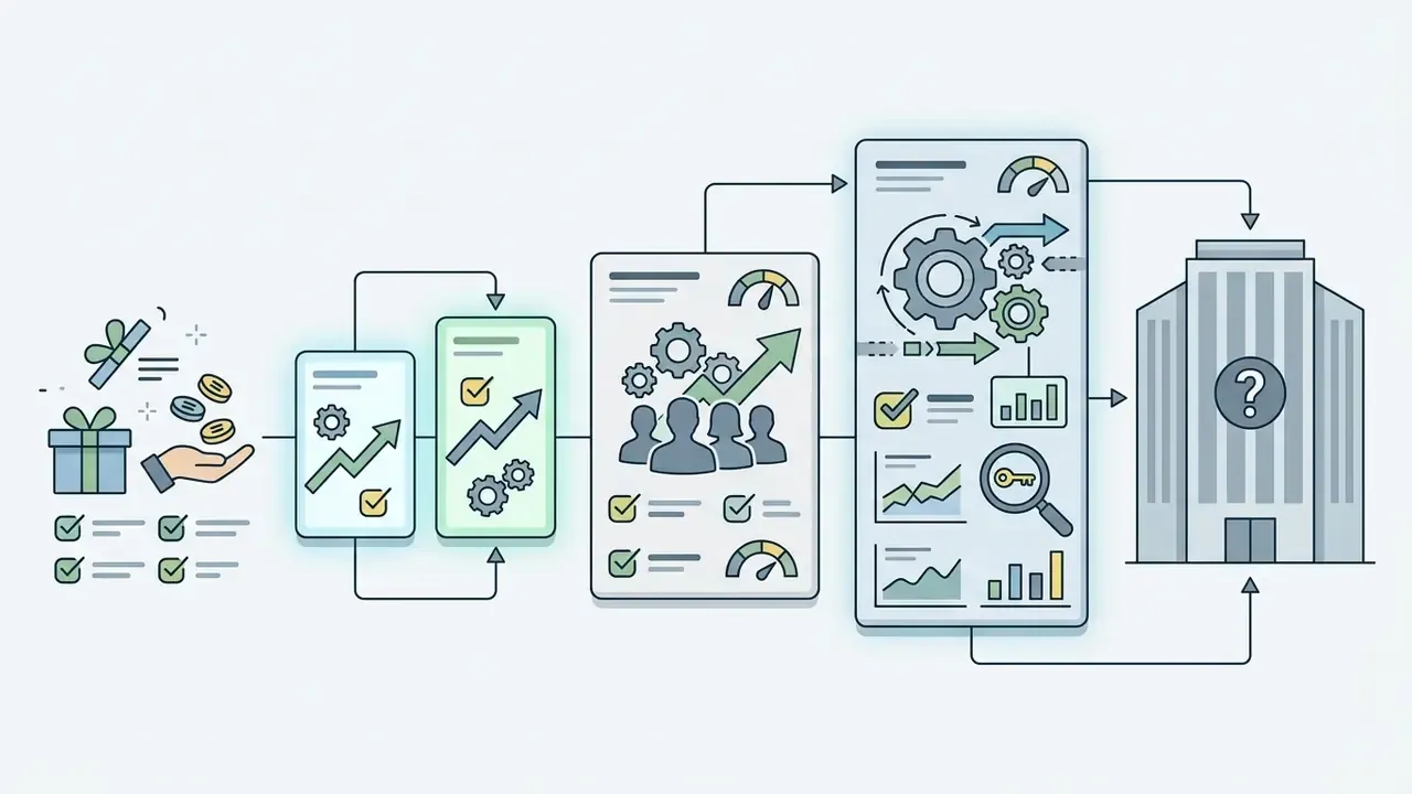 Gift box and coins leading into a series of software panels showing growth, team tasks, and analytics