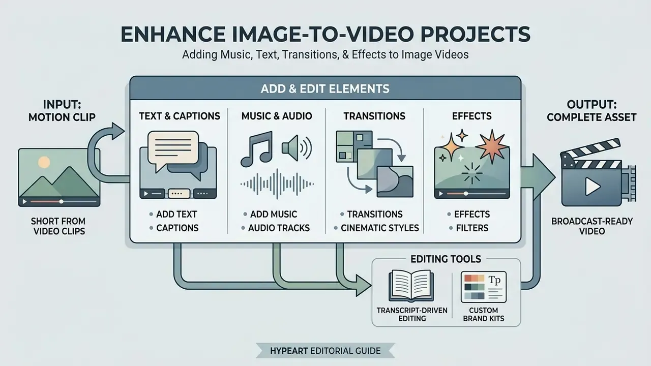 Infographic showing the process of adding text, music, transitions, and effects to video projects