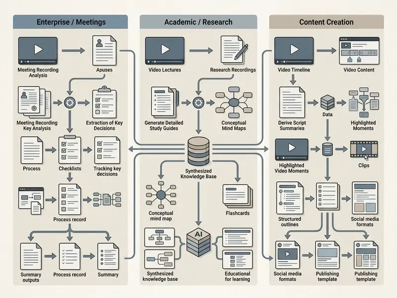 Flowchart showing AI that takes notes on videos for enterprise, academic, and content creation workflows