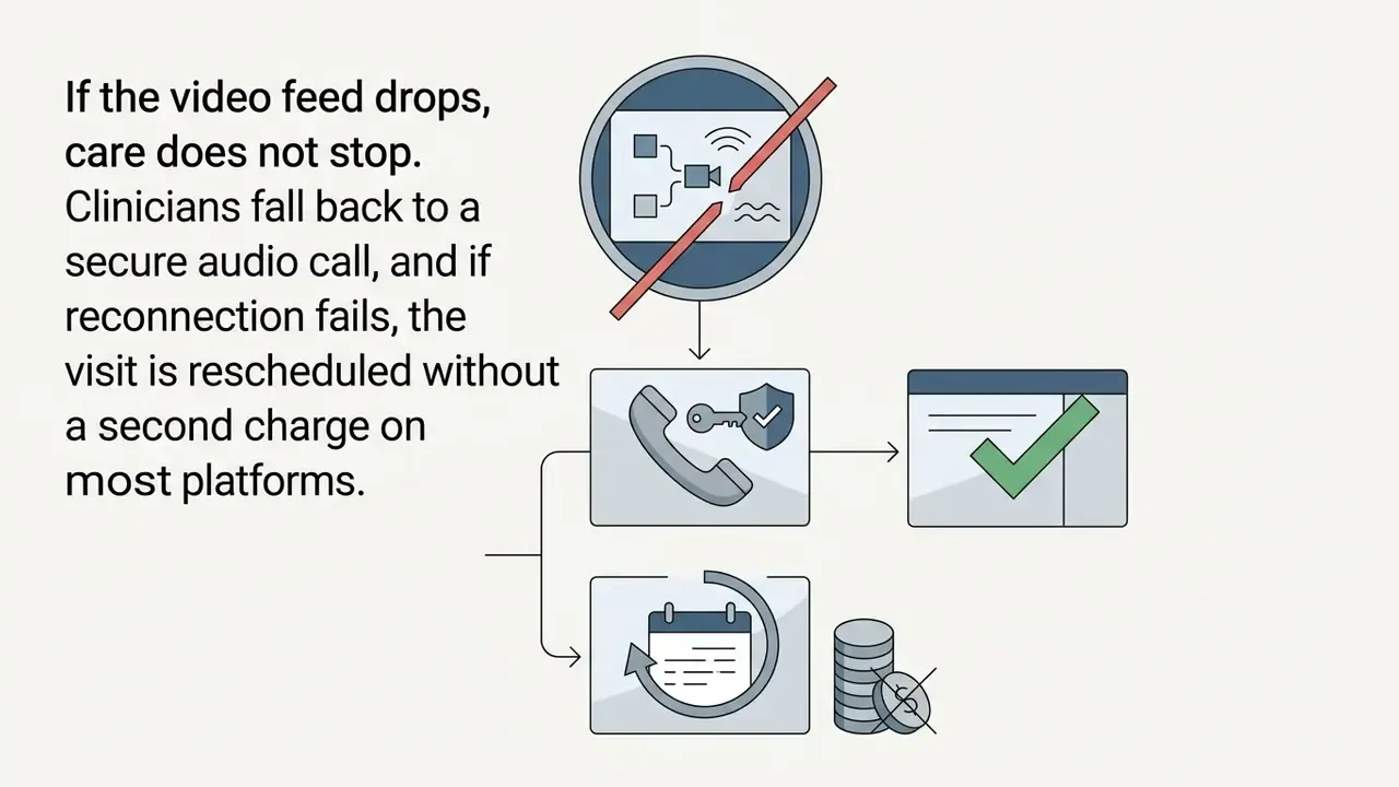 Diagram showing a failed video connection transitioning to an audio call or a rescheduled appointment