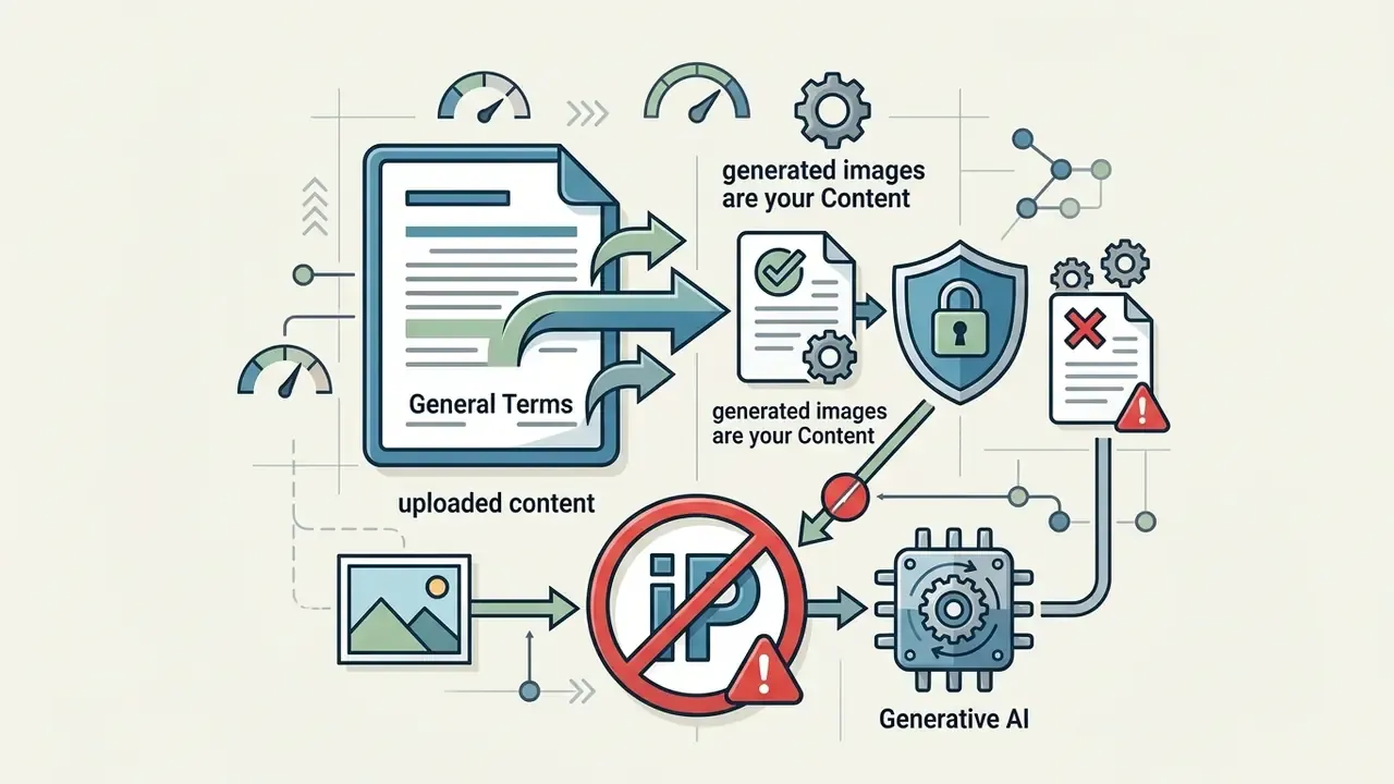 Visual representation of legal terms regarding uploaded content and restrictions on third-party IP usage