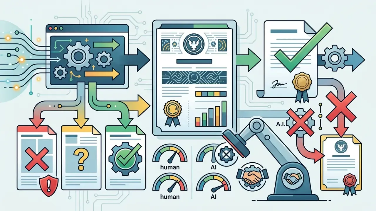 Technical graphic showing digital asset processing, copyright documentation, and human oversight gauges