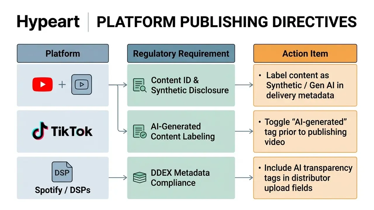 Table mapping YouTube, TikTok, and Spotify to specific AI disclosure and metadata labeling requirements