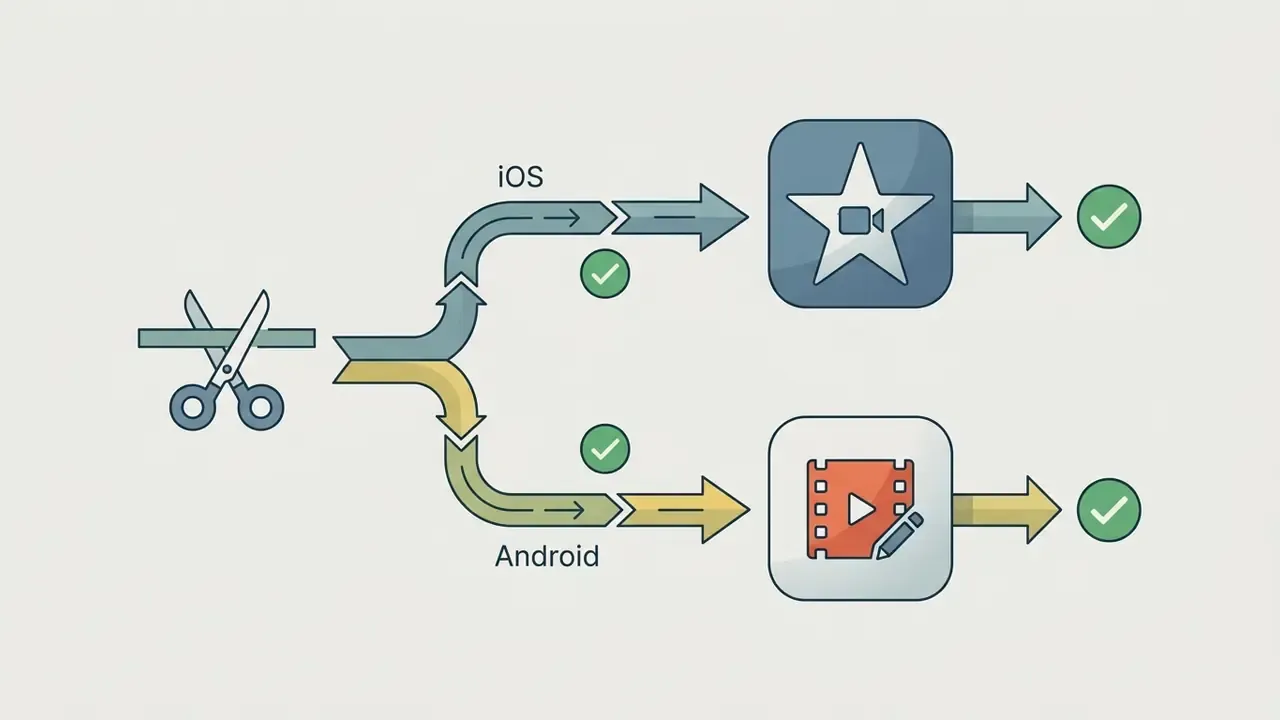 Scissors icon branching into two paths that lead to recommended video editing apps for iOS and Android