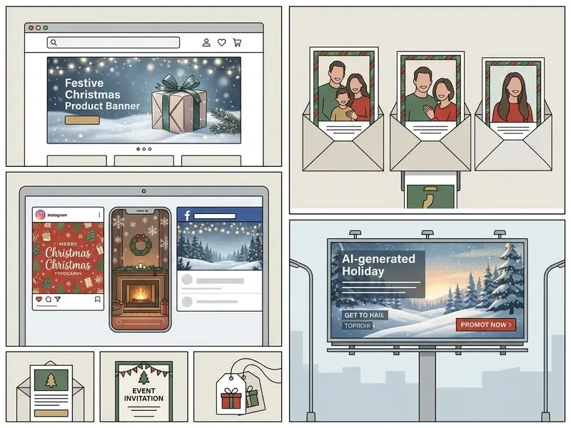 Collage showing holiday graphics used for web banners, social media posts, greeting cards, and billboards