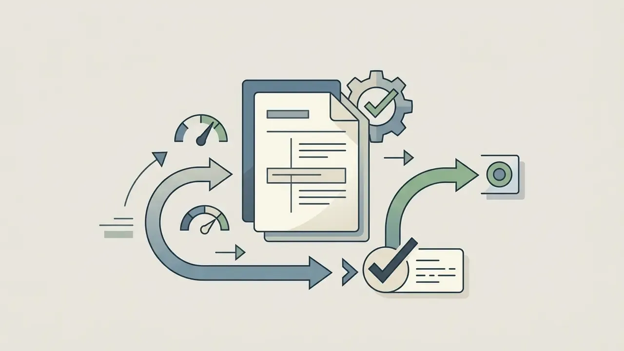 Document being processed through gauges and gears to reach a final status checkmark icon