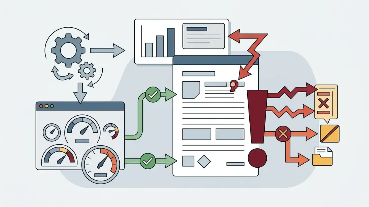Gears and gauges process document data to identify logical errors marked by an exclamation point icon