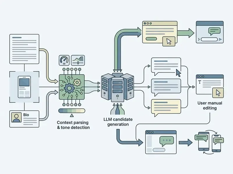 Step by step diagram showing data processing from user input to server generation and final message delivery