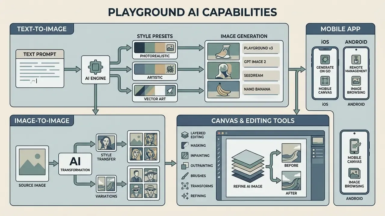 Flowchart detailing Playground AI workflows for text generation, style application, editing, and mobile use