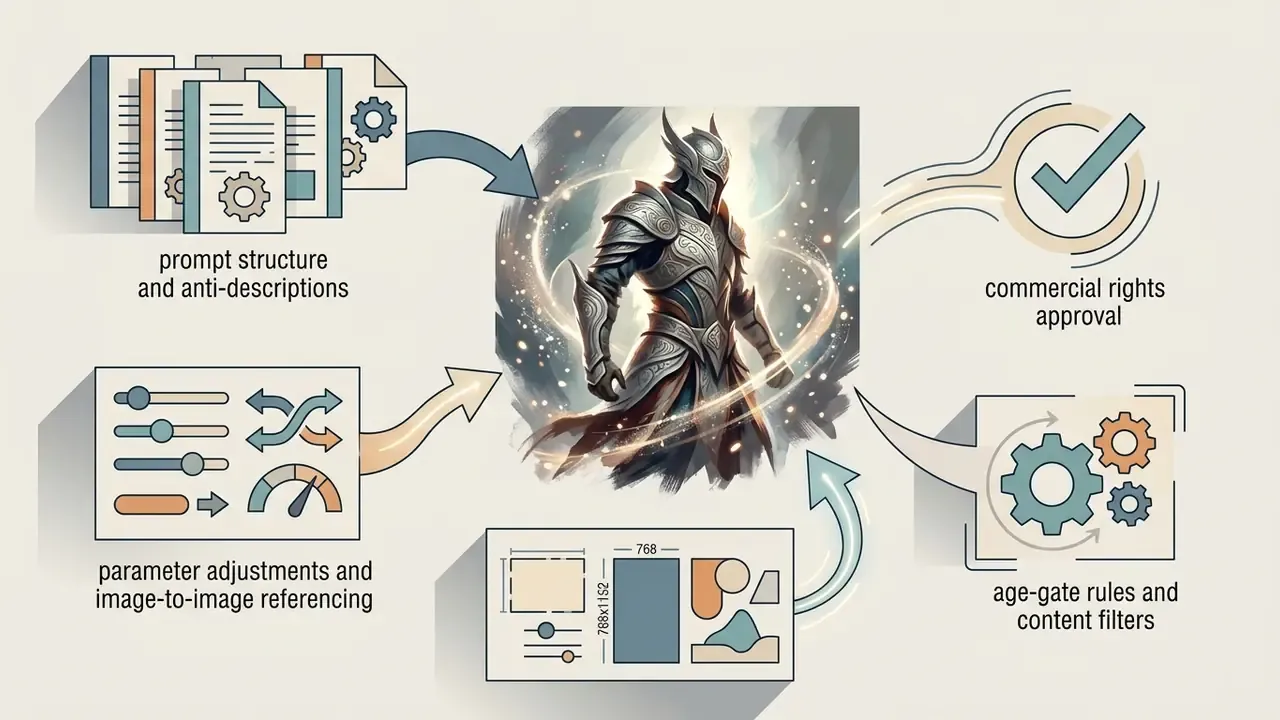Knight figure surrounded by prompt documents, parameter sliders, and content approval icons