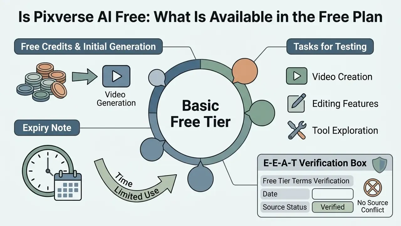 Diagram summarizing Pixverse AI free tier features including credit usage, testing tasks, and verification