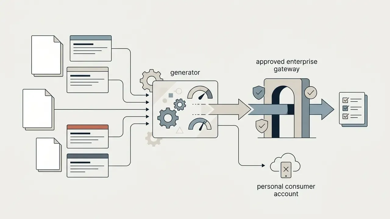 Data parameters feeding into a generator that routes output through an enterprise gateway or consumer account