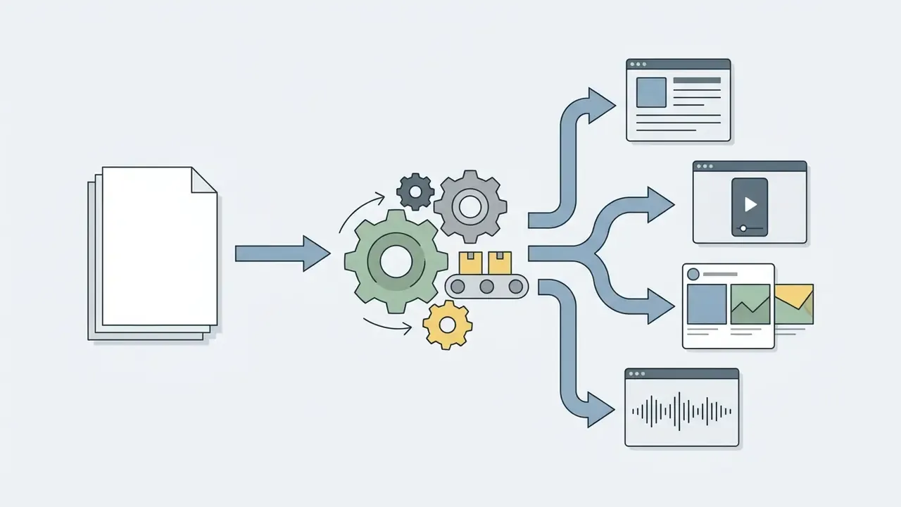 Text file feeding into a gear and conveyor system that branches out into various digital media formats