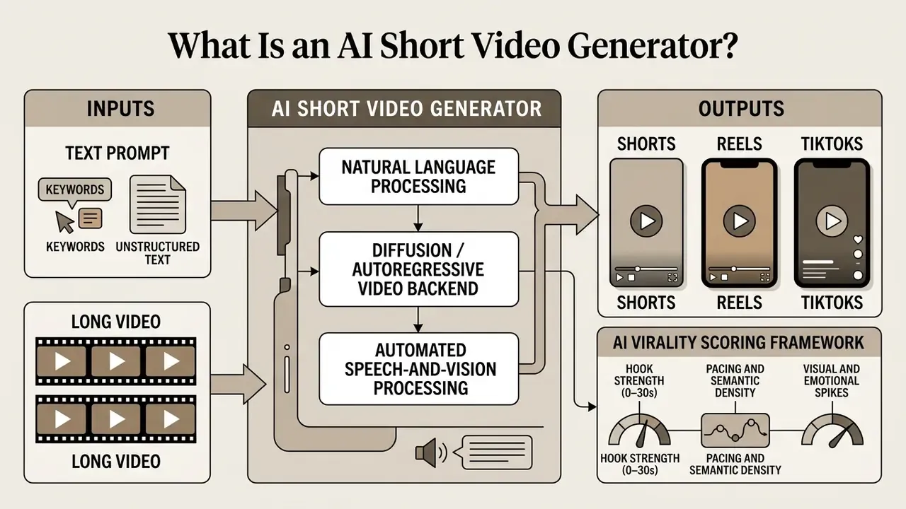 Flowchart showing how inputs like text and long videos are processed into short clips and virality scores