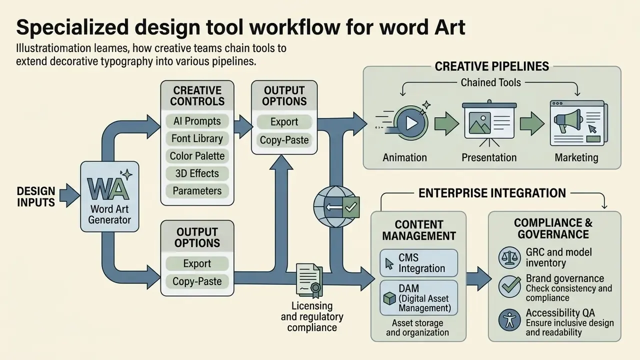 Flowchart mapping word art creation through creative pipelines and enterprise integration workflows