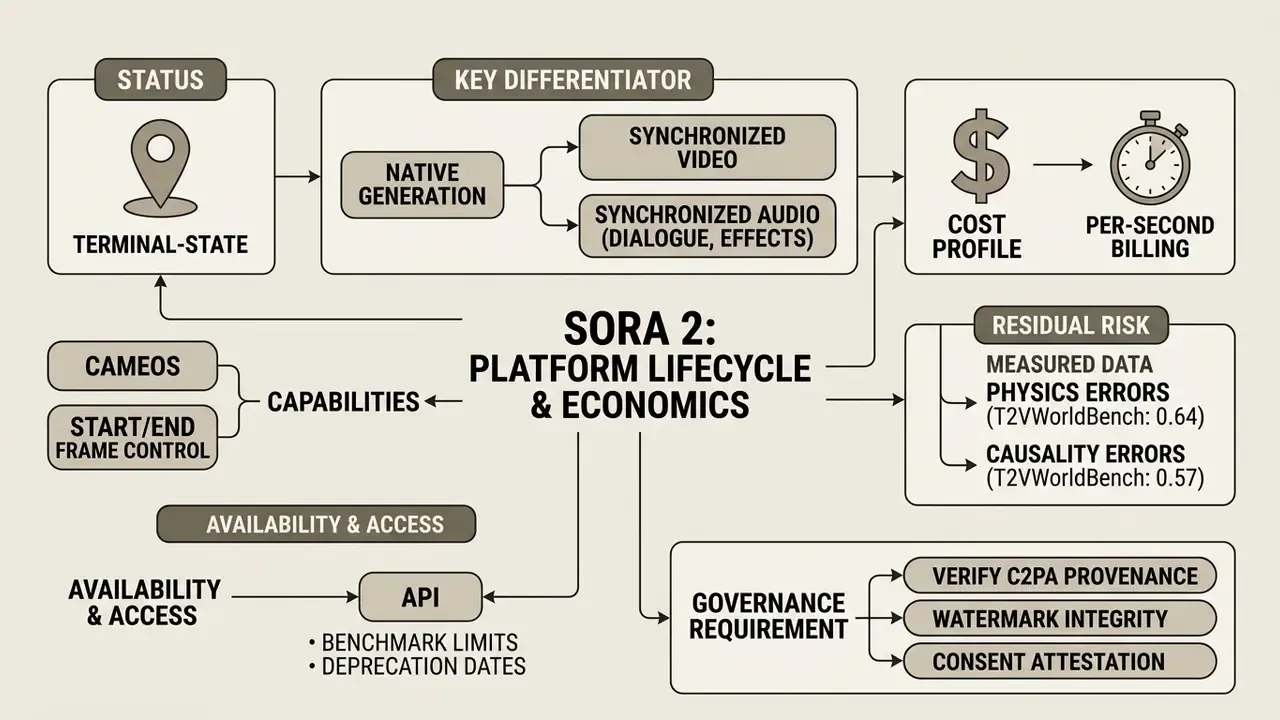 Flowchart outlining the Sora 2 platform lifecycle, economics, technical capabilities, and governance