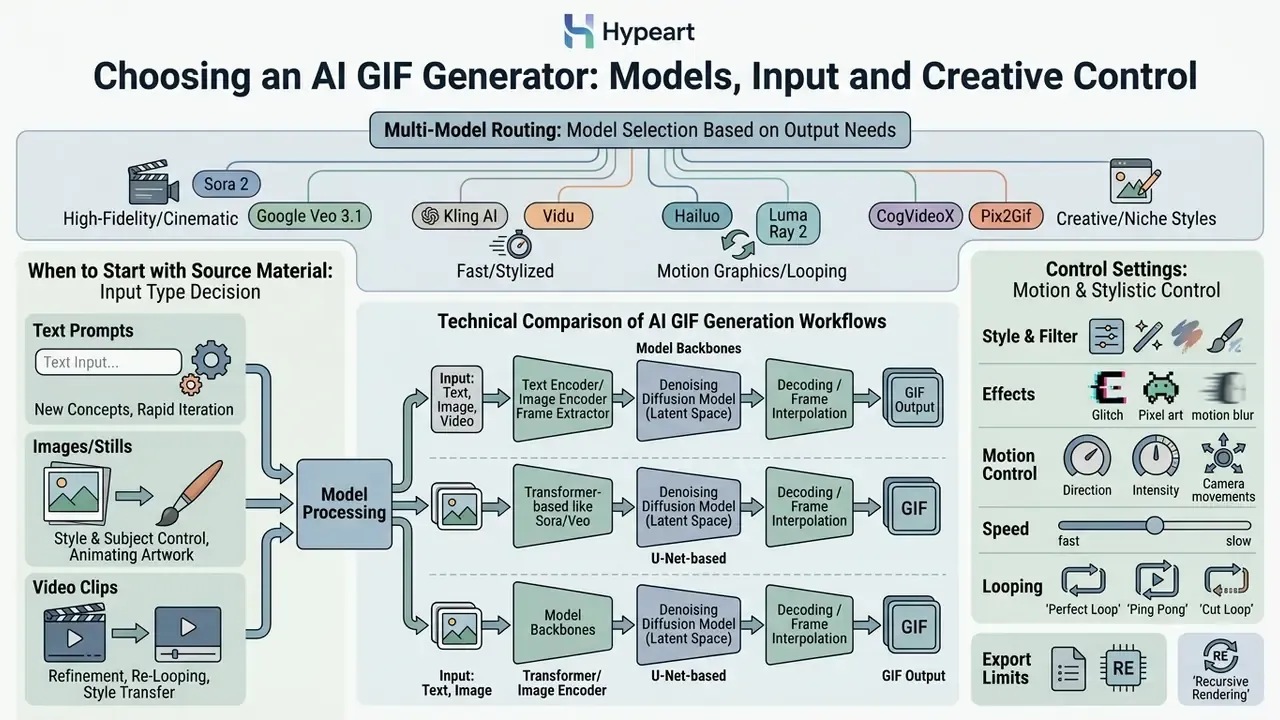 Comparative infographic detailing model selection, input processing workflows, and creative control settings
