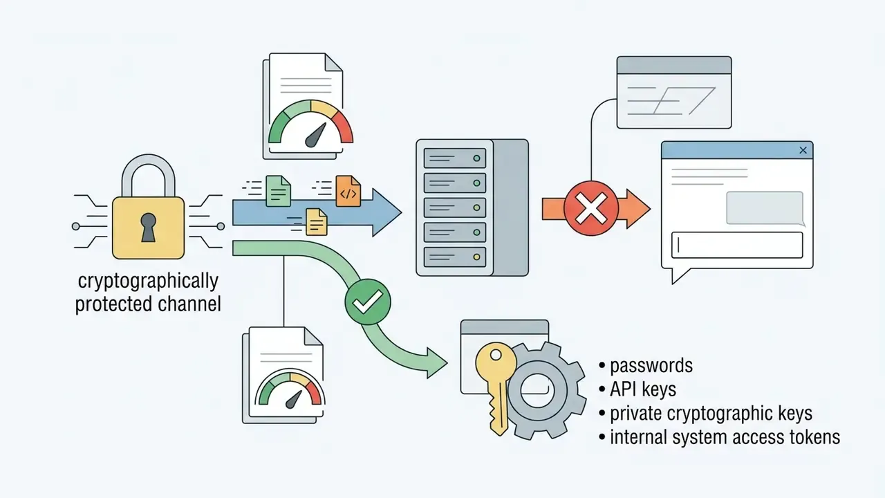 Padlock icon connecting to a server and a blocked chat interface with sensitive credential symbols