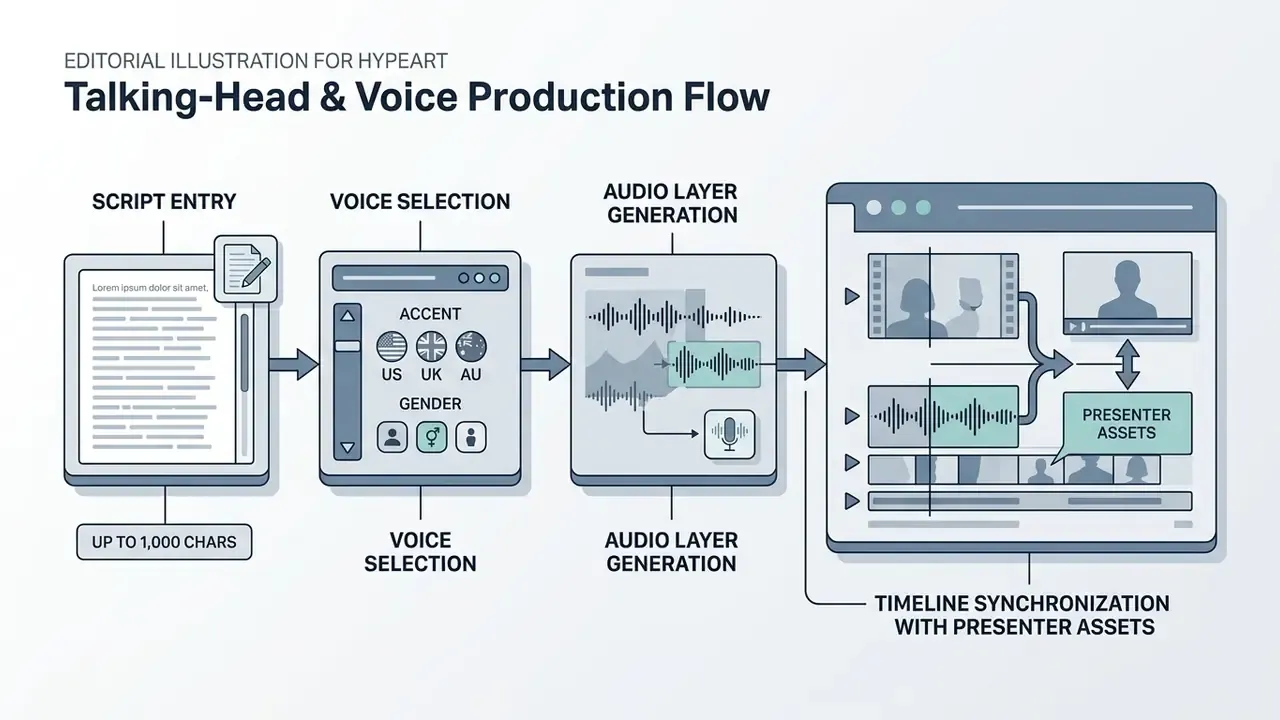 Step-by-step sequence from text input and voice customization to audio generation and timeline editing
