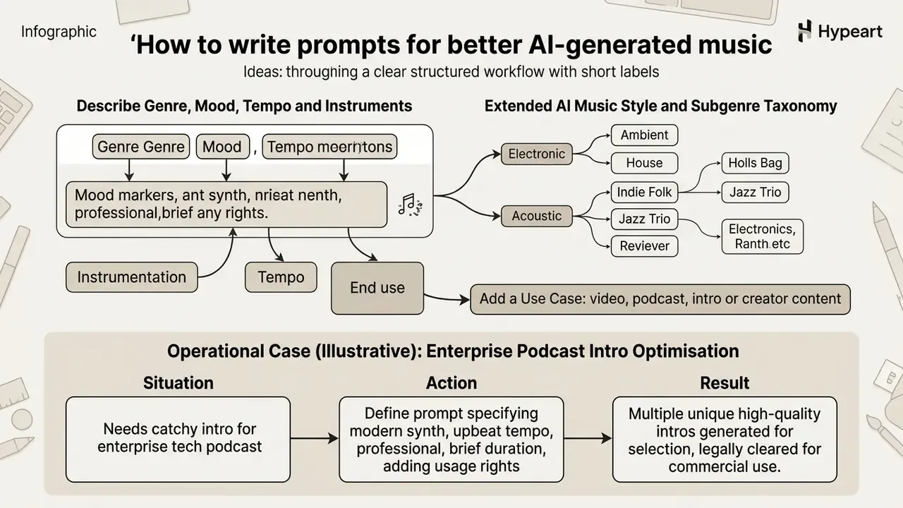 Infographic detailing prompt structure for AI music including genre taxonomy and a practical use case