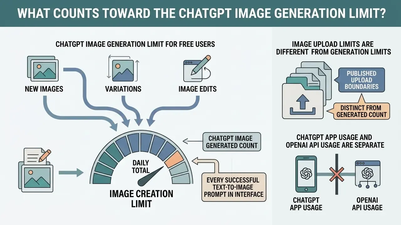 Flowchart showing how new images, variations, and edits contribute to the ChatGPT image generation limit