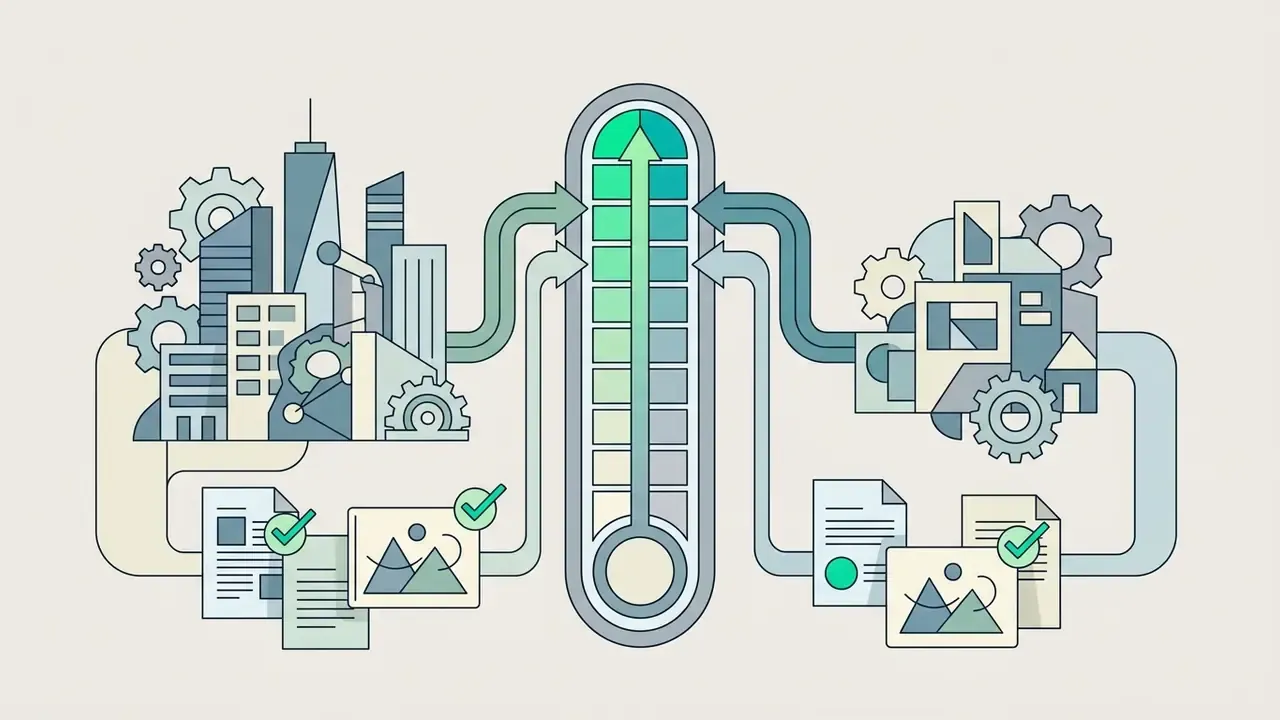 Cityscapes and documents feeding into a central gauge that shows high adoption and performance levels