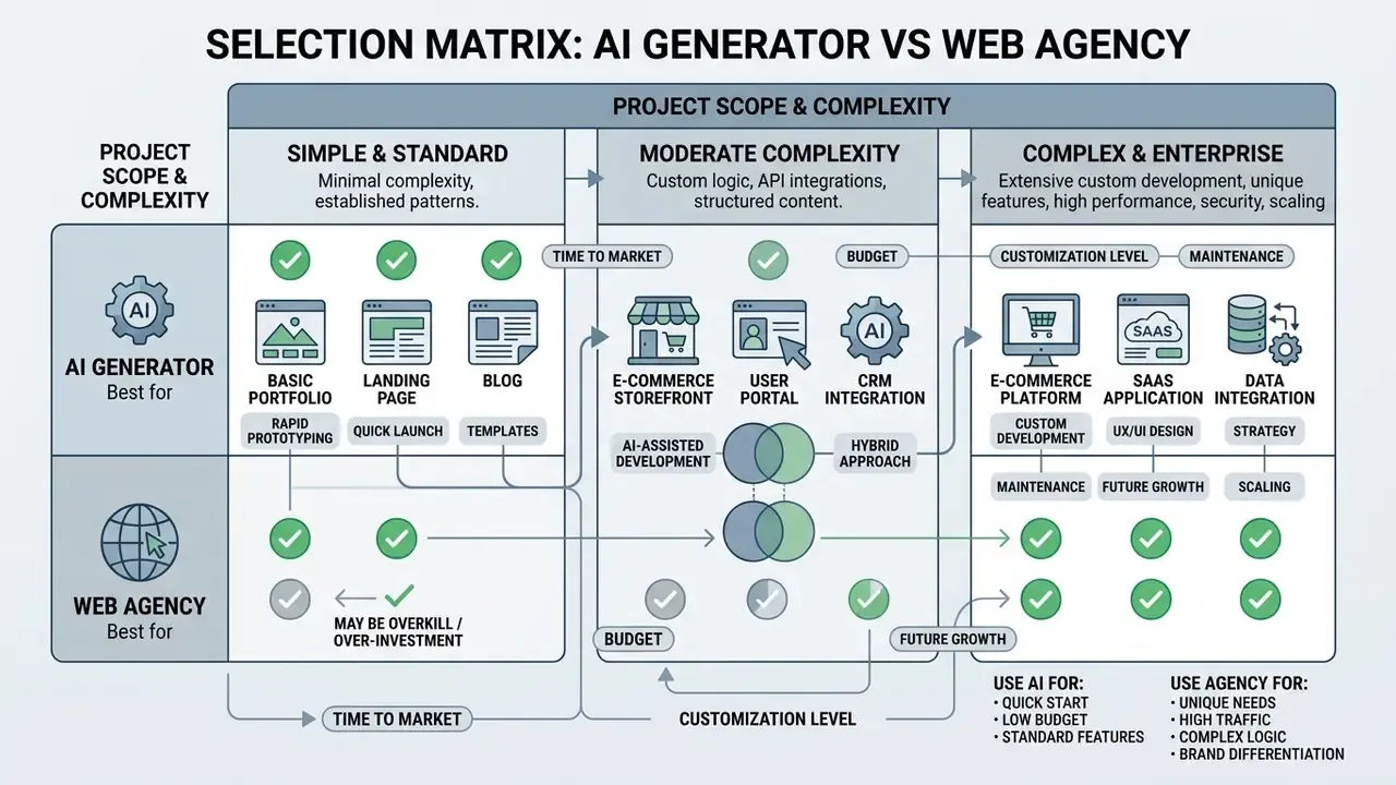 Selection matrix comparing use cases for an AI generator for website vs web designer by project complexity