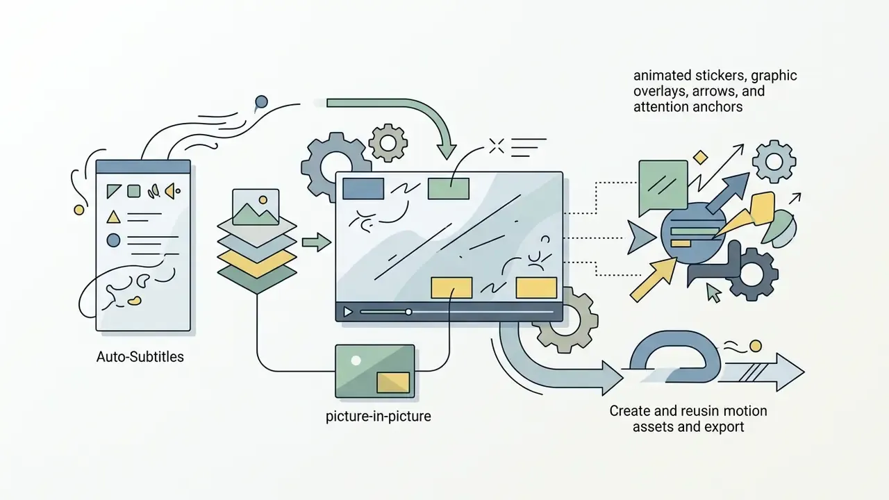 Auto-subtitles, picture-in-picture, and motion assets applied to a video timeline